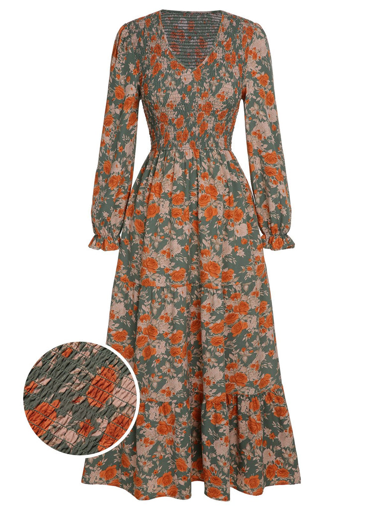 what is a vintage dress 1940s V-Neck Floral Long-Sleeved Dress