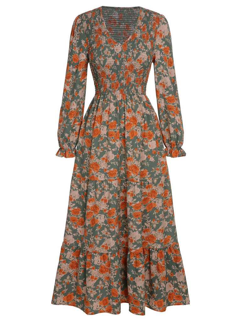 what is vintage dress 1940s V-Neck Floral Long-Sleeved Dress