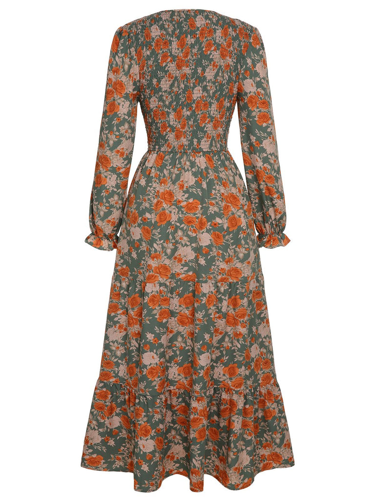 1940s V-Neck Floral Long-Sleeved Dress, vintage dress, retro fashion, floral print - perfect for women who love vintage and retro fashion