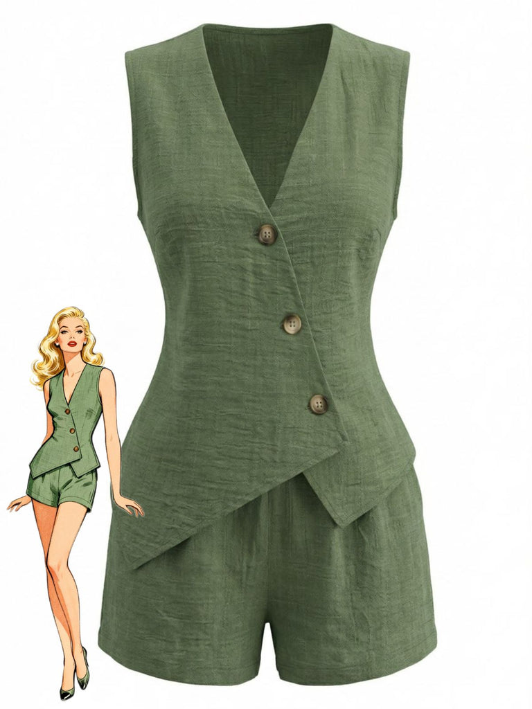 1940s V-Neck Lace-Up Vest & Shorts Set - vintage outerwear, retro jacket, classic elegance for vintage lovers