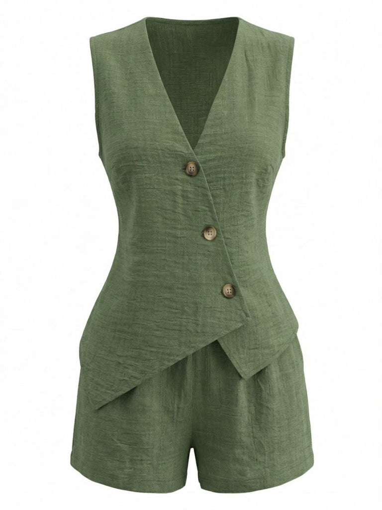 1940s V-Neck Lace-Up Vest & Shorts Set: beautiful vintage outerwear, retro jacket, classic elegance with timeless appeal