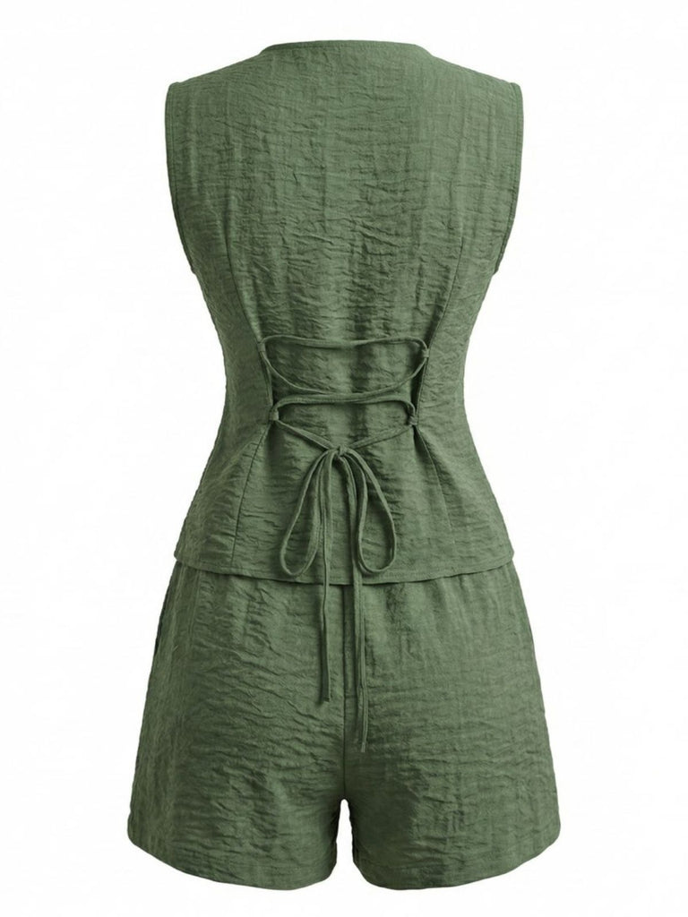 1940s V-Neck Lace-Up Vest & Shorts Set | vintage outerwear, retro jacket, classic elegance - perfect for retro fashion enthusiasts