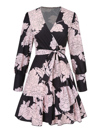 She slips into this 1940s V-Neck Peony Floral Belted Dress and suddenly it's a 1940s daydream