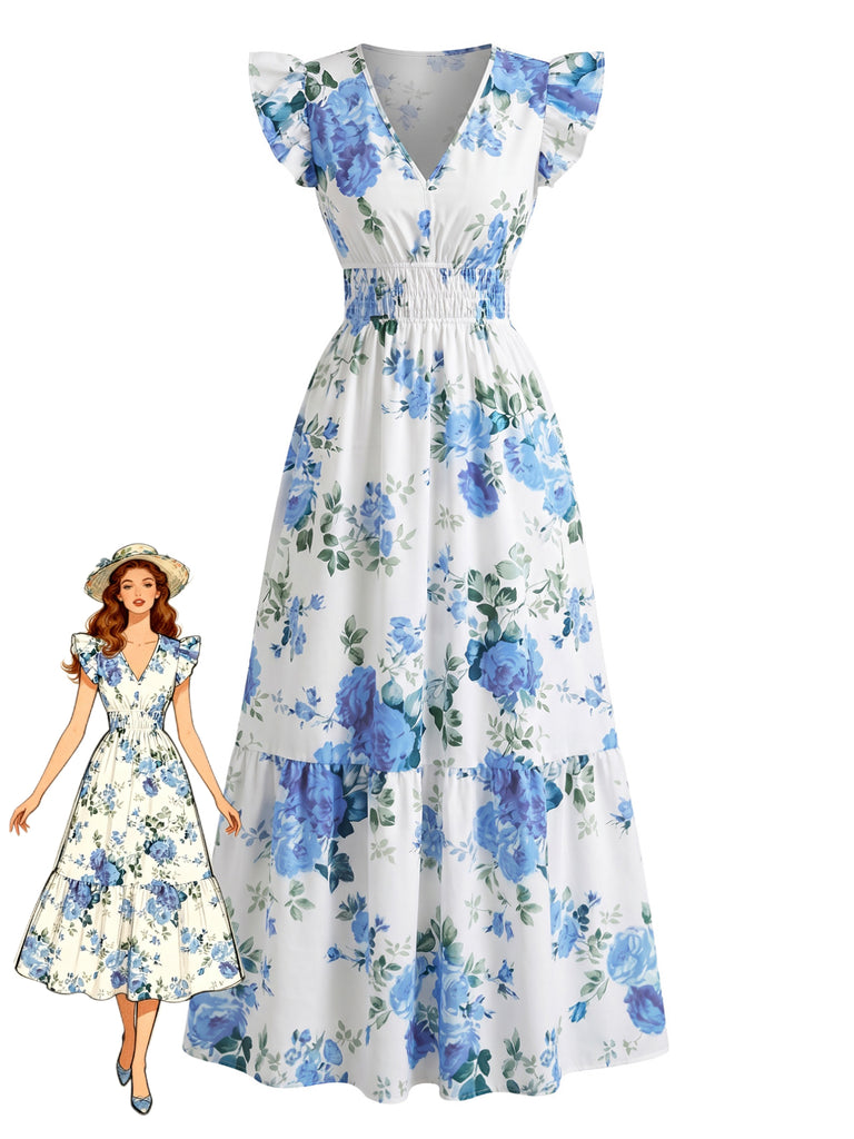 1940s Floral V Neck Ruffle Dress 3