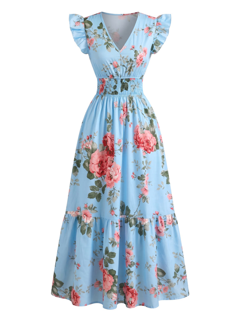 1940s Floral V Neck Ruffle Dress
