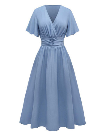 1940s V-Neck Ruffled Sleeve Slit Dress - vintage dress, retro fashion