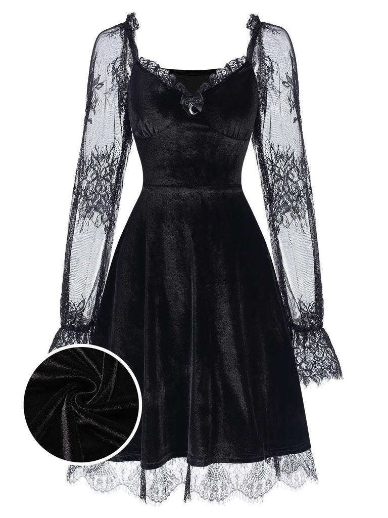 あやAMERI VINTAGE PATCHWORK LACE DRESS 1940s Velvet Lace Flared Patchwork Dress | Retro Stage