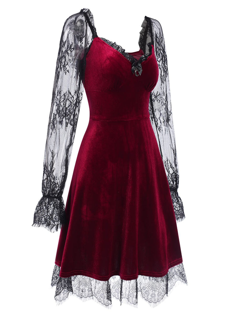 red velvet dress with black lace Black Lace Bow Sleeveless Mermaid Maxi Velvet Dress BL Dress
