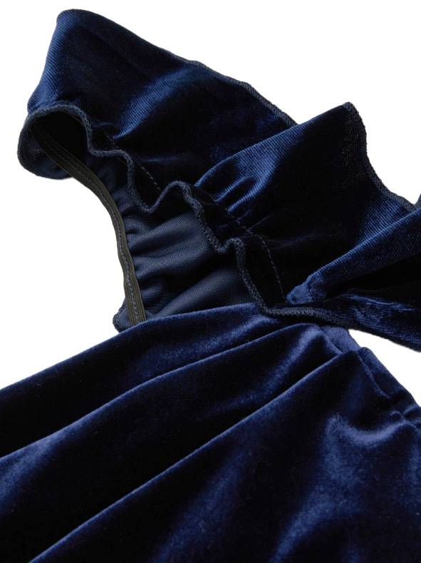 1940s Velvet Ribbon Strap Ruffled Detail Dress - vintage dress, retro fashion