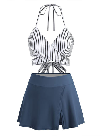 1940s Vertical Stripes Lace-Up Bikini Set - vintage fashion, retro style