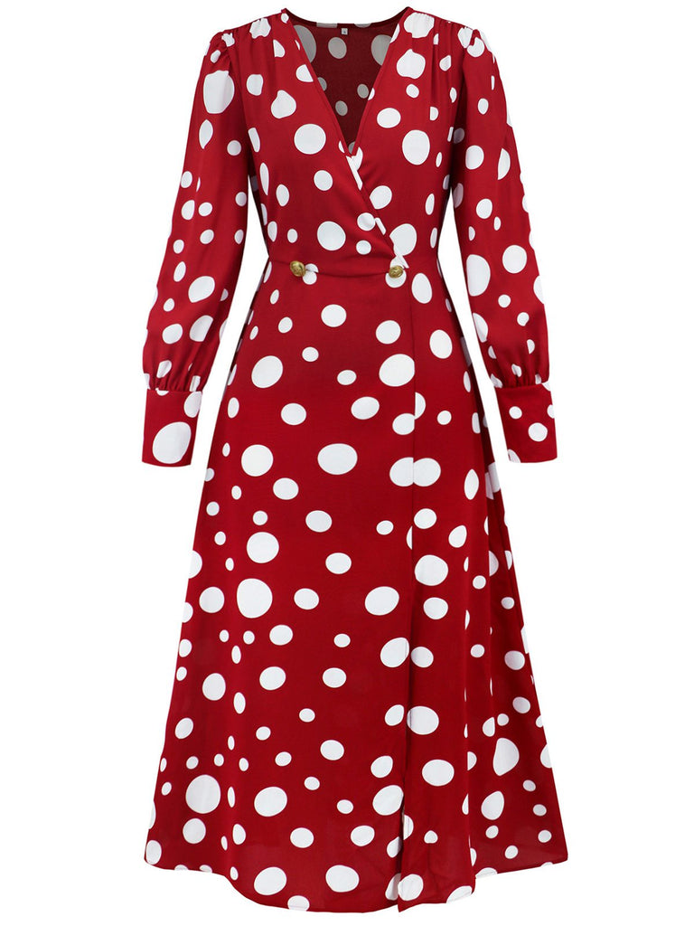 She slips into this 1940s Vintage Polka Dots Long Sleeve Slit Dress and suddenly it's a 1940s daydream