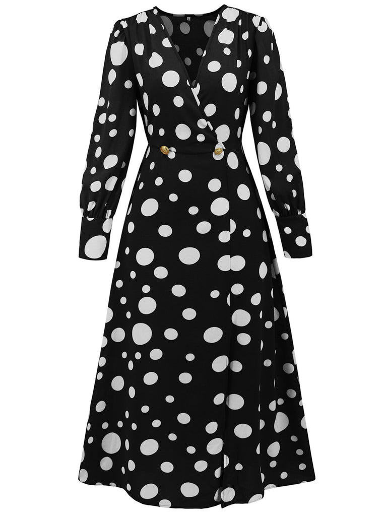 This 1940s Vintage Polka Dots Long Sleeve Slit Dress wraps her in 1940s elegance, one twirl at a time