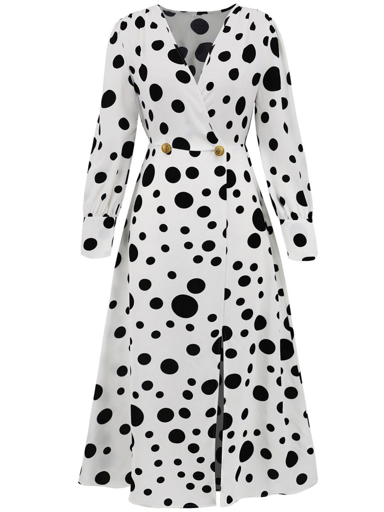 1940s Vintage Polka Dots Long Sleeve Slit Dress — a 1940s silhouette that turns sidewalks into runways