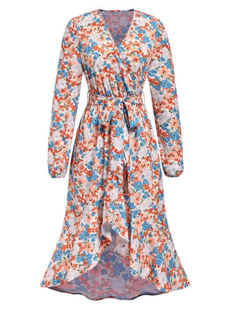 1940s Wrap Floral Ruffled Hem Belted Dress, vintage dress, retro fashion, floral print - perfect for women who love vintage and retro fashion