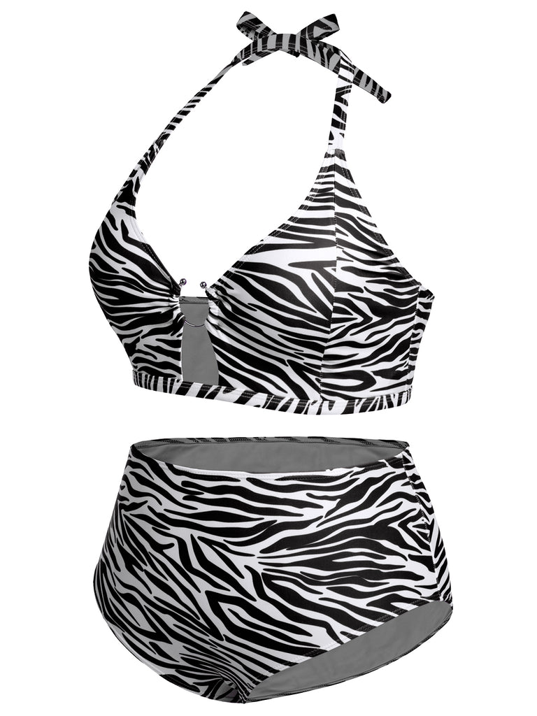 [Plus Size] 1940s Zebra Print Cutout Halter Swimsuit, vintage swimsuit, pin-up swimwear - perfect for women who love vintage and retro fashion