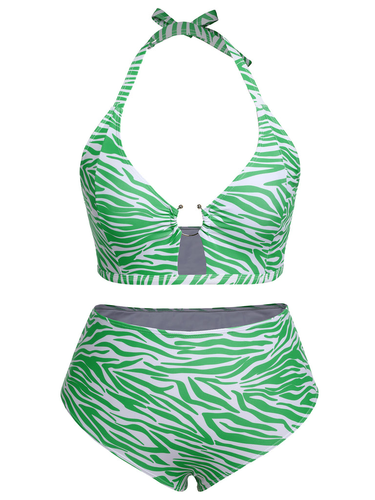 [Plus Size] 1940s Zebra Print Cutout Halter Swimsuit, vintage swimsuit, pin-up swimwear - perfect for women who love vintage and retro fashion