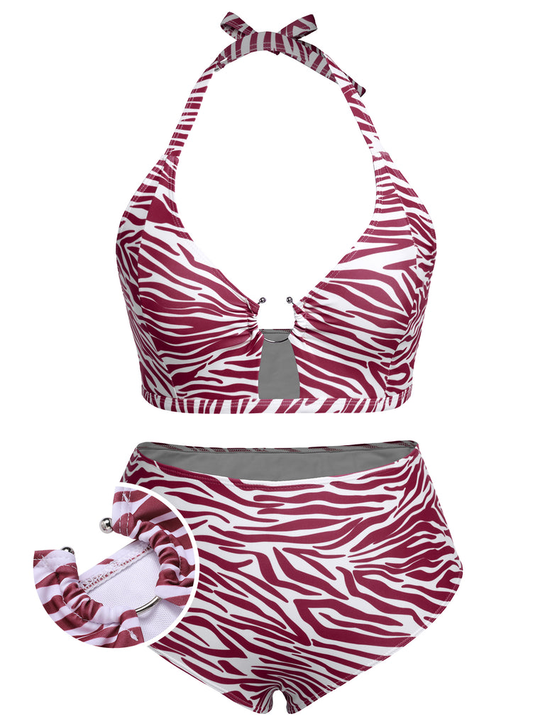 [Plus Size] 1940s Zebra Print Cutout Halter Swimsuit, vintage swimsuit, pin-up swimwear - perfect for women who love vintage and retro fashion