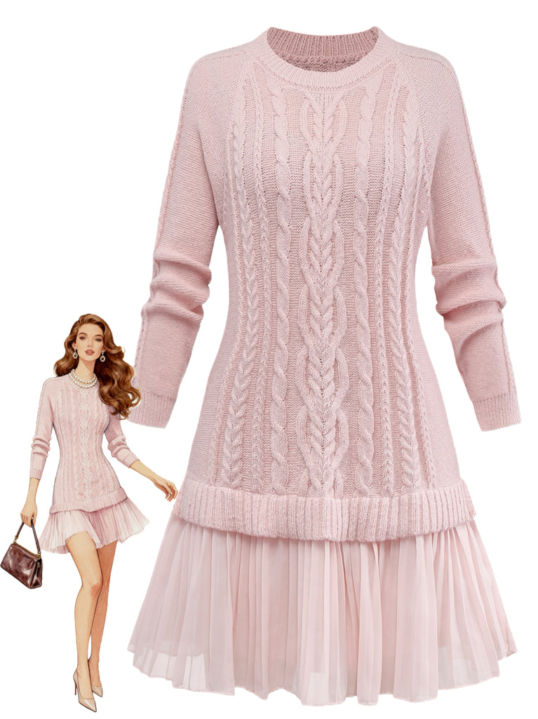 Pink Solid Cable Knitted Sweater Dress with Mesh Pleated Hem for Daily Casual Pink Solid Cable Knitted Sweater Dress with Mesh Pleated Hem for Daily Casual