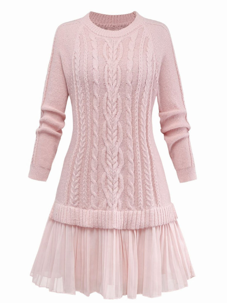 Women's Cable Knitted Pleated Hem Sweater Dress Pink for Daily Casual Women's Cable Knitted Pleated Hem Sweater Dress Pink for Daily Casual