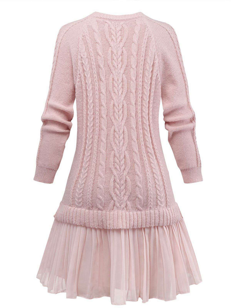 Women's Cable Knitted Pleated Hem Sweater Dress Pink for Daily Casual Women's Cable Knitted Pleated Hem Sweater Dress Pink for Daily Casual