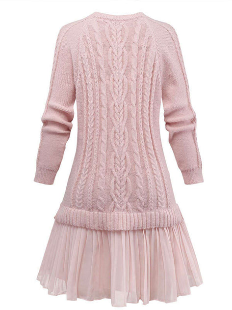Women's Cable Knitted Pleated Hem Sweater Dress Pink for Daily Casual