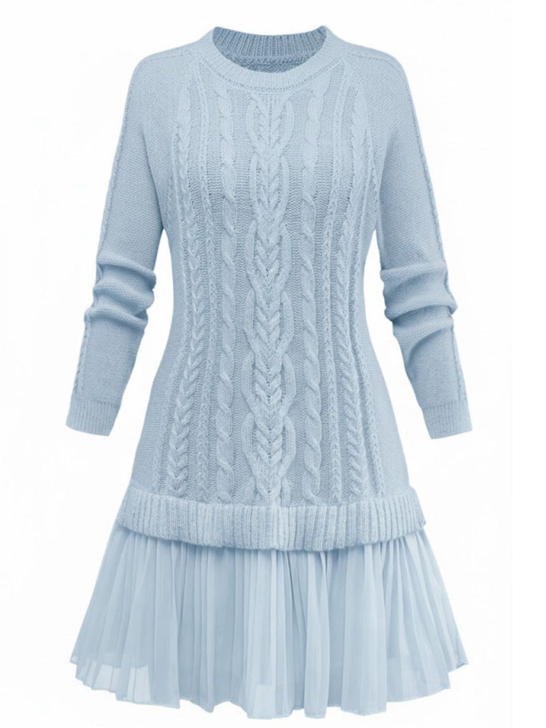 Women's Solid Cable Pleated Hem Mini Knitted Sweater Dress Blue Women's Solid Cable Pleated Hem Mini Knitted Sweater Dress Blue