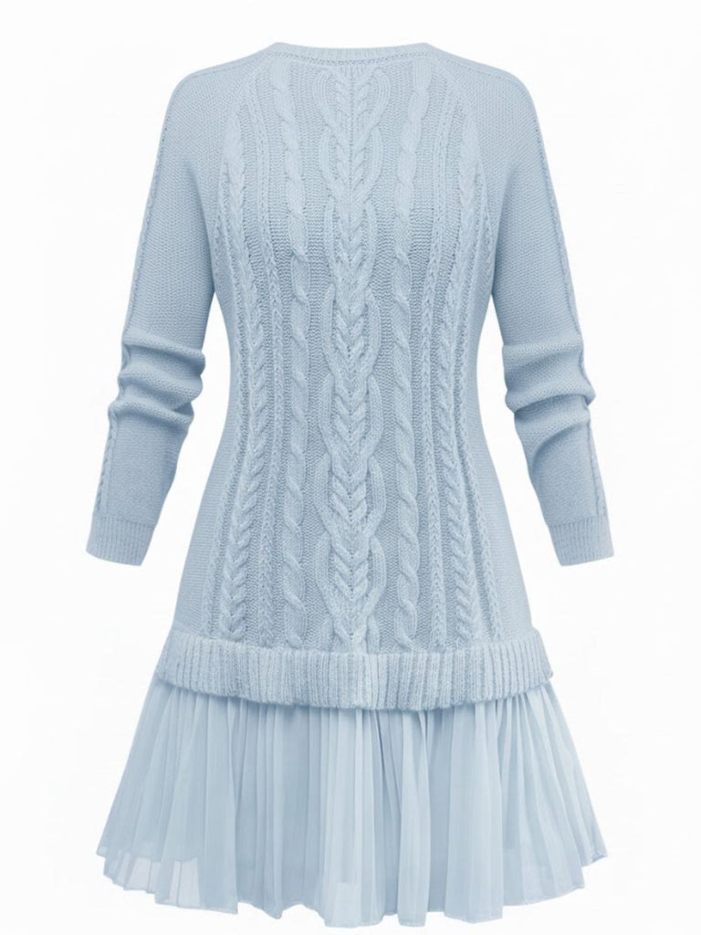 Women's Solid Cable Pleated Hem Mini Knitted Sweater Dress Blue Women's Solid Cable Pleated Hem Mini Knitted Sweater Dress Blue