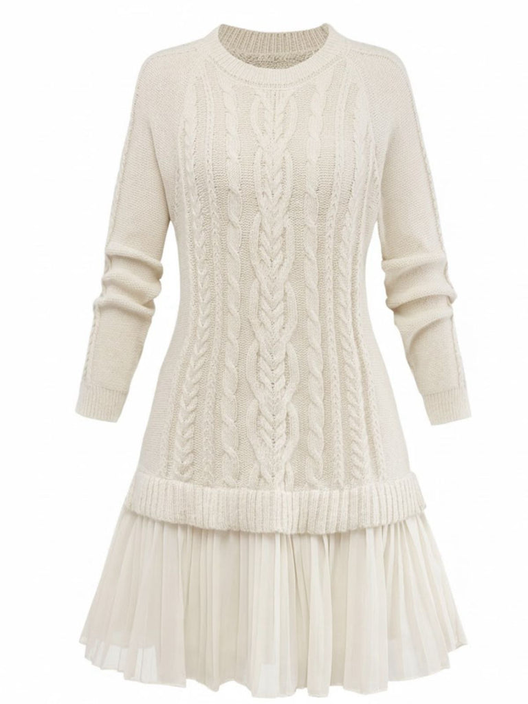 Women's Cable Knitted Sweater Dress with Pleated Hem Beige Women's Cable Knitted Sweater Dress with Pleated Hem Beige