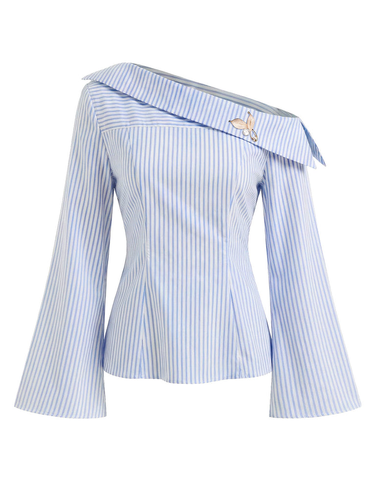 Blue and white striped off-shoulder blouse on a white background