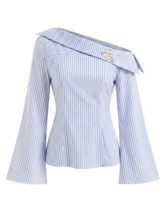 Blue and white striped off-shoulder blouse on a white background