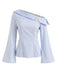 Blue and white striped off-shoulder blouse on a white background