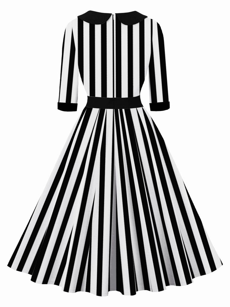 1950S Lapel Black & White Stripes Dress: where 1950s romance meets her modern spirit