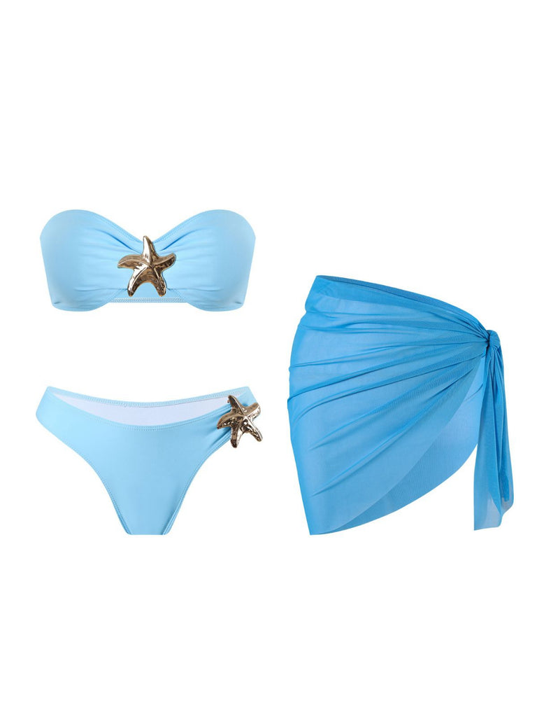 2PCS Blue 1950s Solid Starfish Bandeau Bikini Set & Cover Up - vintage fashion, retro style