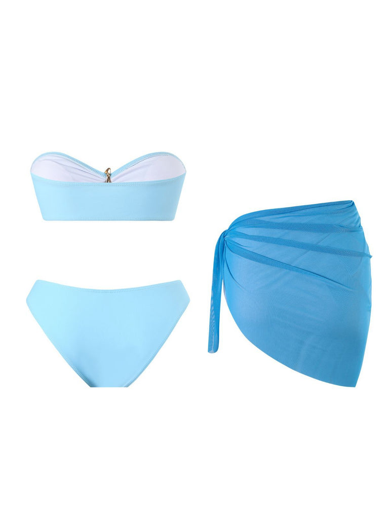 2PCS Blue 1950s Solid Starfish Bandeau Bikini Set & Cover Up - vintage fashion, retro style
