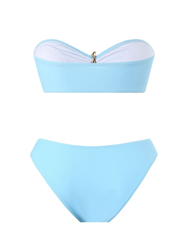2PCS Blue 1950s Solid Starfish Bandeau Bikini Set & Cover Up - vintage fashion, retro style