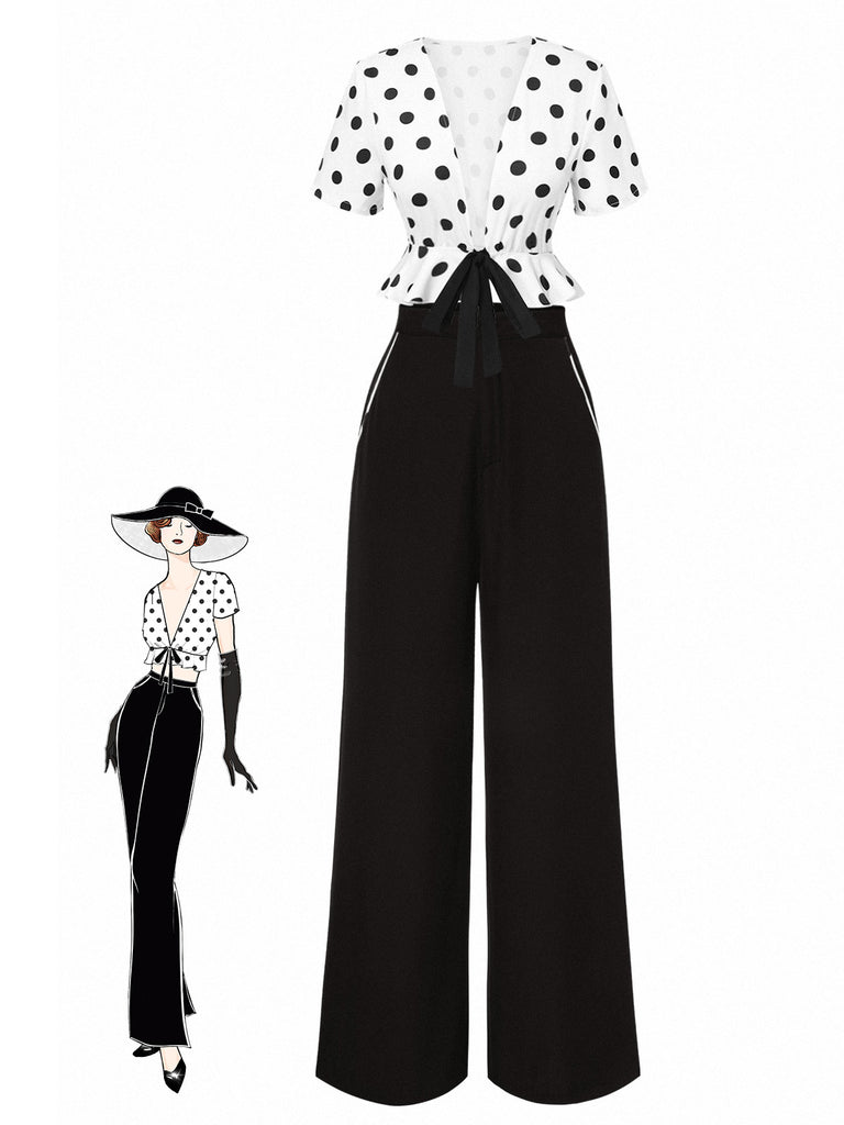 2PCS 1950s Deep V-Neck Polka Dots Top & Straight-Leg Pants - vintage fashion, retro style