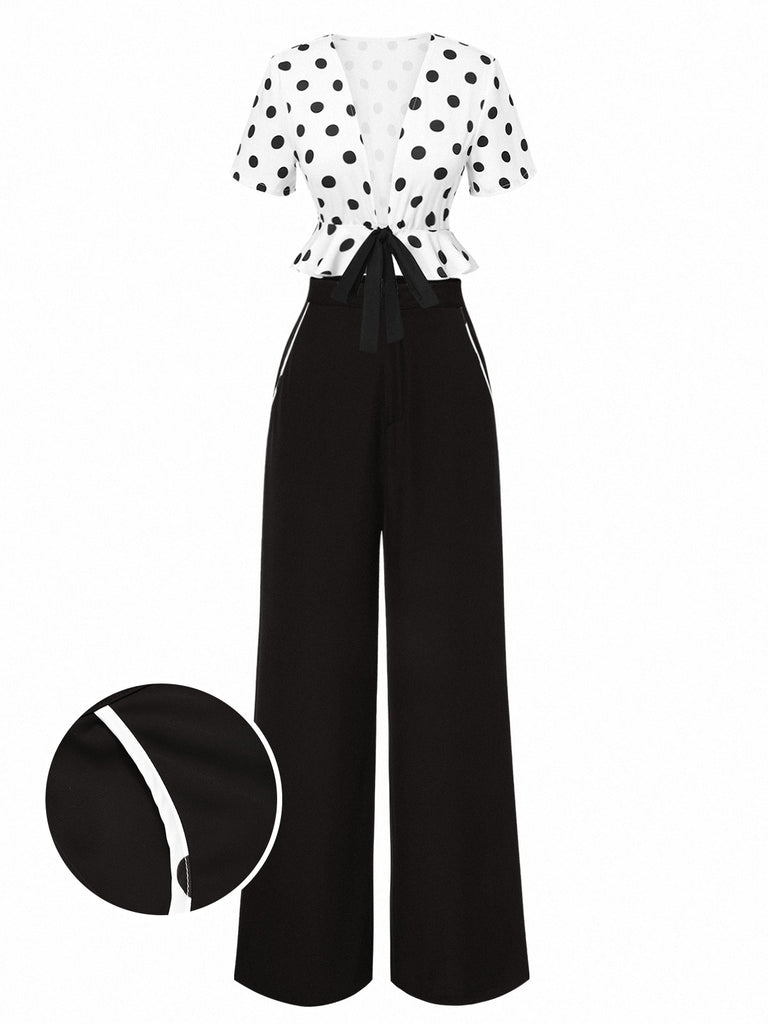 2PCS 1950s Deep V-Neck Polka Dots Top & Straight-Leg Pants - vintage fashion, retro style