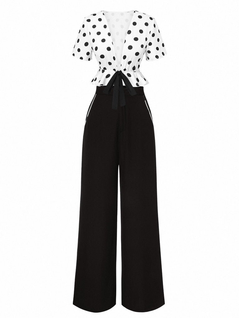 2PCS 1950s Deep V-Neck Polka Dots Top & Straight-Leg Pants - vintage fashion, retro style