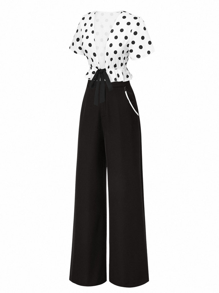 2PCS 1950s Deep V-Neck Polka Dots Top & Straight-Leg Pants - vintage fashion, retro style