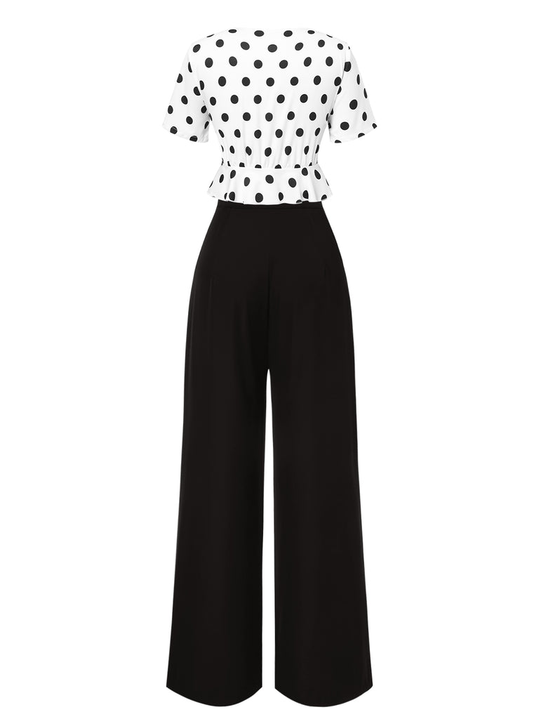 2PCS 1950s Deep V-Neck Polka Dots Top & Straight-Leg Pants - vintage fashion, retro style