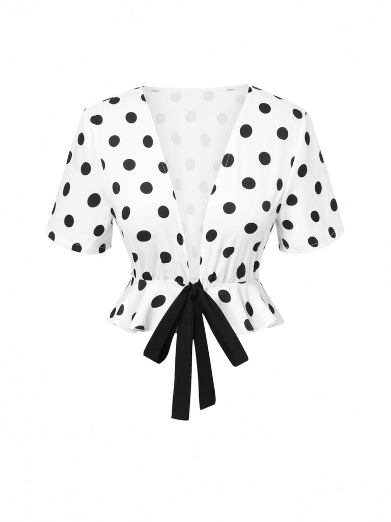 2PCS 1950s Deep V-Neck Polka Dots Top & Straight-Leg Pants - vintage fashion, retro style