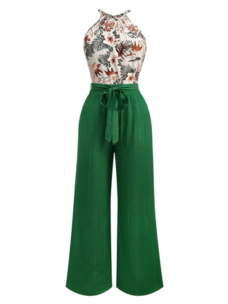 2PCS Green 1950s Tropical Plants Halter Top & Textured Pants - vintage fashion, retro style, elegant red