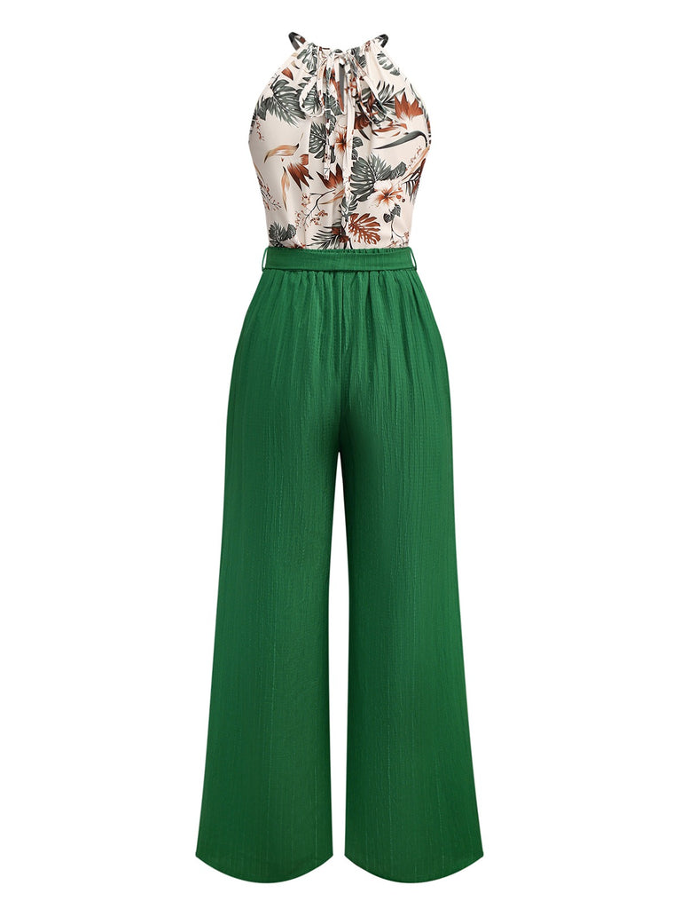 2PCS Green 1950s Tropical Plants Halter Top & Textured Pants - vintage fashion, retro style, elegant red
