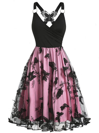 1950s 3D Butterfly Embroidered Patchwork Dress - vintage dress, retro fashion, rockabilly