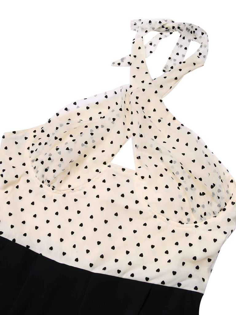 Beige 1950s 3D Heart Halter Patchwork Romper: timeless style reimagined