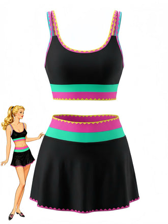 3PCS 1950s Contrast Color Zigzag Trim Tankini Set & Cover-Up - vintage fashion, retro style