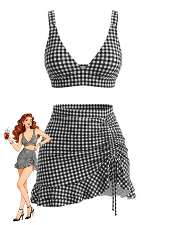 3PCS 1950s Ruffled Hem Plaid Drawstring Tankini Set - vintage fashion, retro style