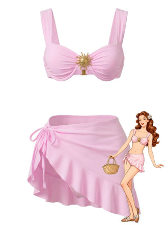3PCS 1950s Solid Metal Sun Chain Accent Bikini Set & Cover-Up - vintage fashion, retro style