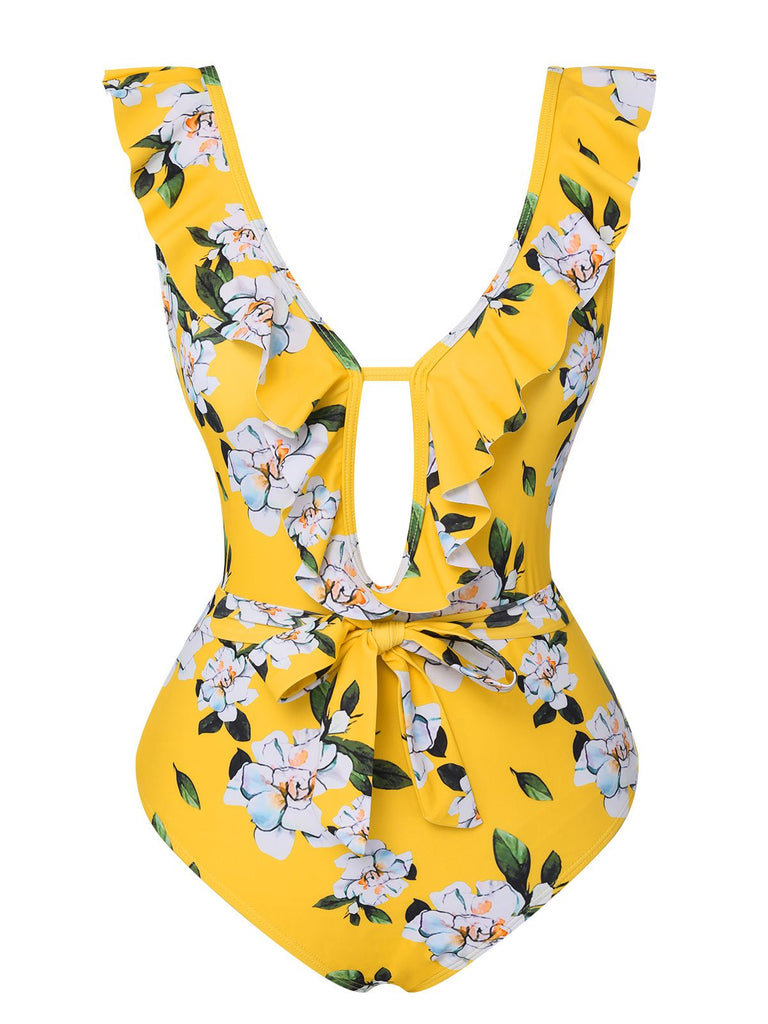 1950s All-Over Print Ruffled Belt One-Piece Swimsuit, vintage swimsuit, pin-up swimwear - perfect for women who love vintage and retro fashion