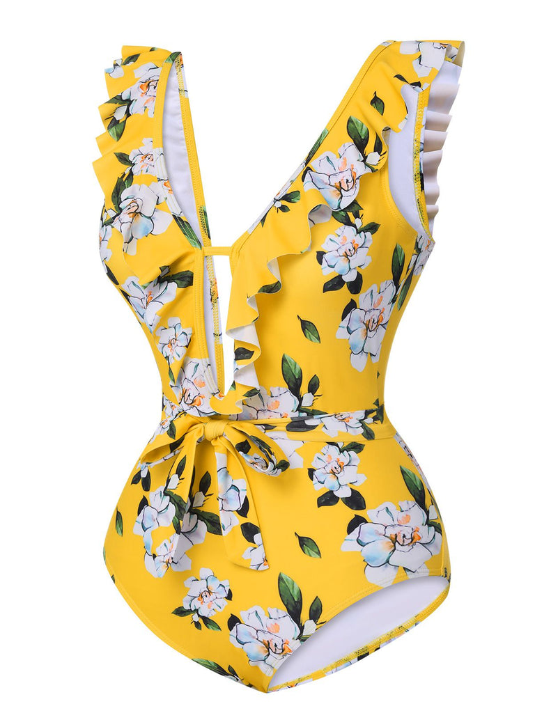 1950s All-Over Print Ruffled Belt One-Piece Swimsuit, vintage swimsuit, pin-up swimwear - perfect for women who love vintage and retro fashion